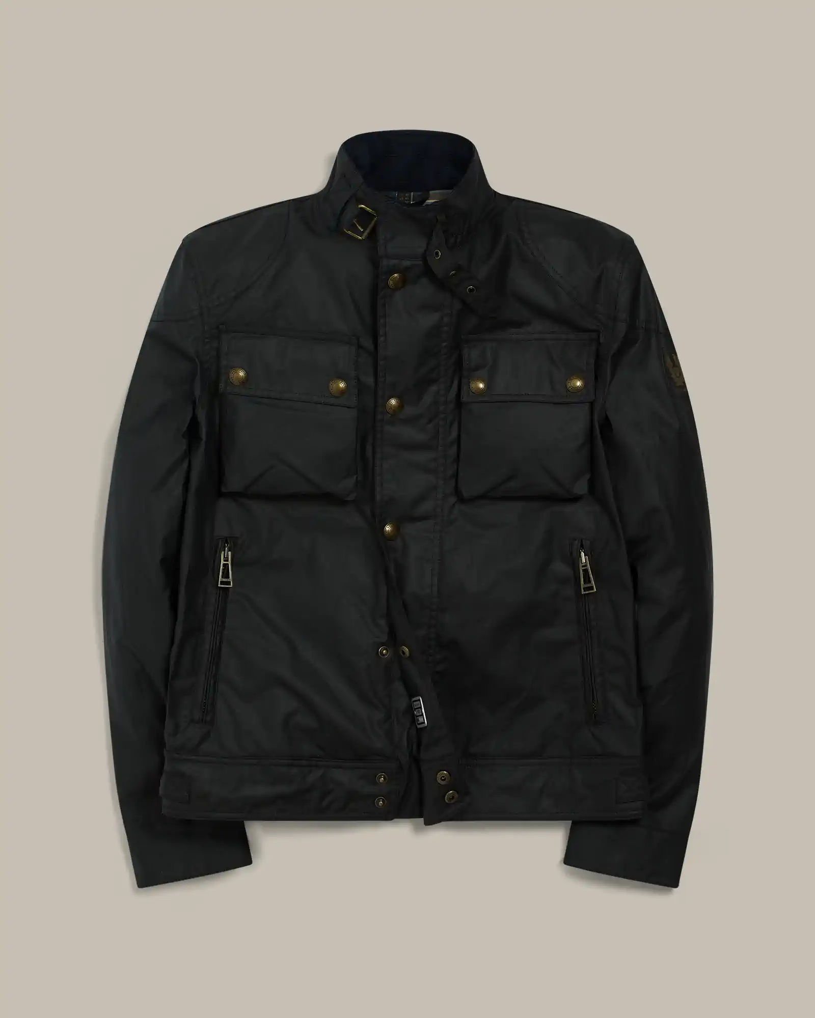 Dark navy men's Belstaff  jacket with front pockets, snap buttons, zipper pockets, and a buckle collar strap.