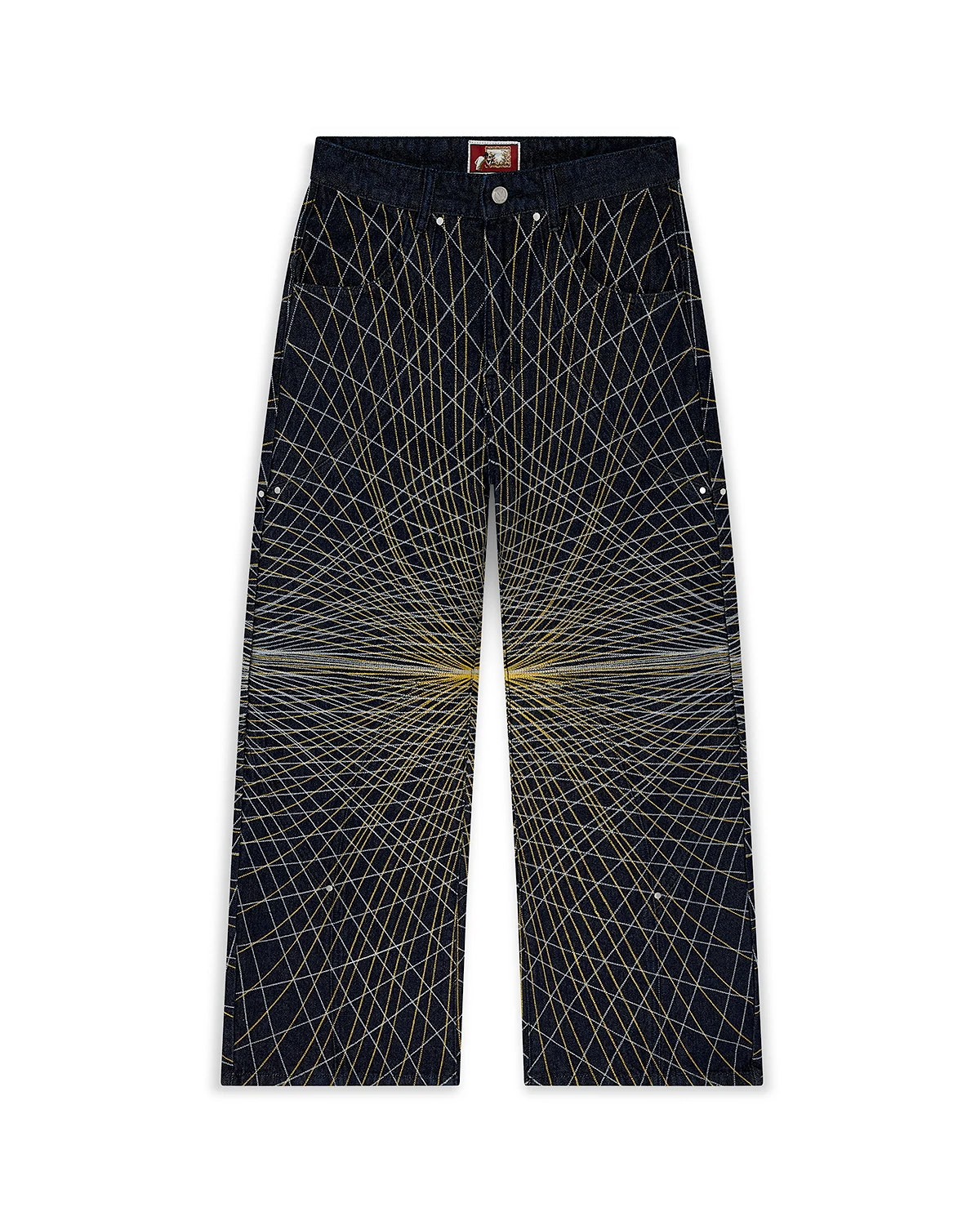 Dark denim pants with intricate gold and silver geometric line patterns spreading from the center.