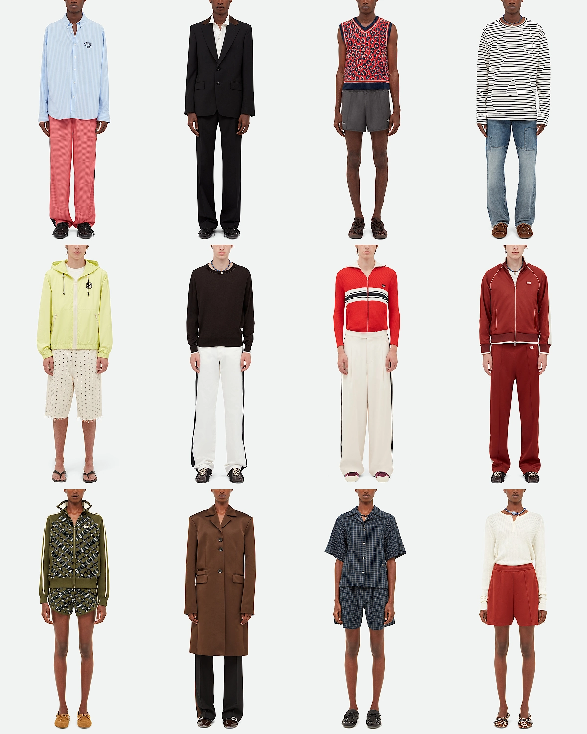 Twelve models wearing diverse men's and women's fashion outfits in a 3x4 grid on white background.