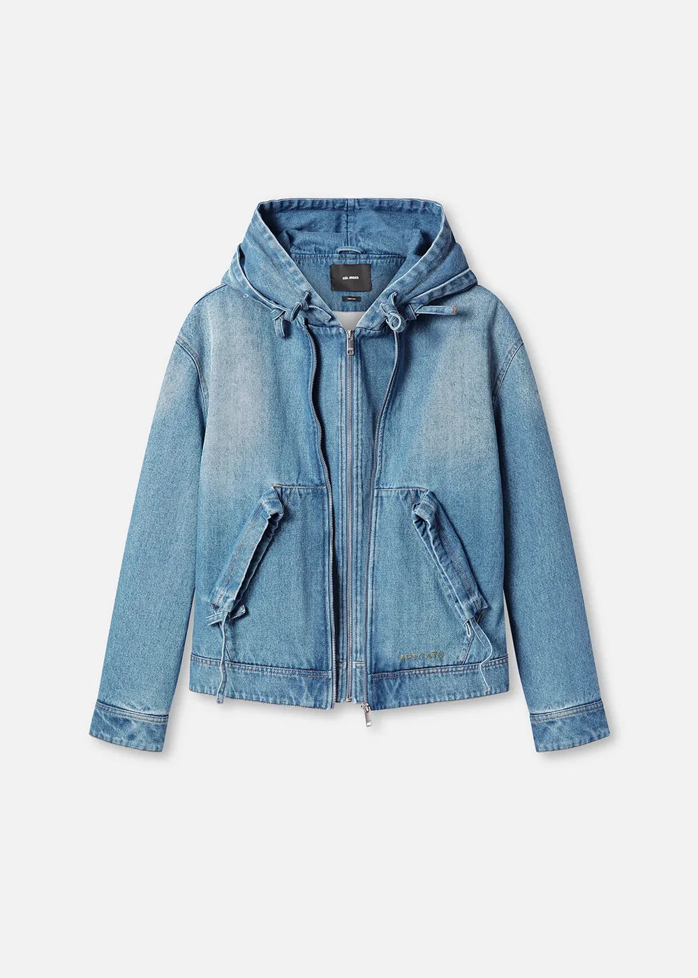 Light blue Axel Arigato denim jacket with hood, front zipper, and two angled front pockets.