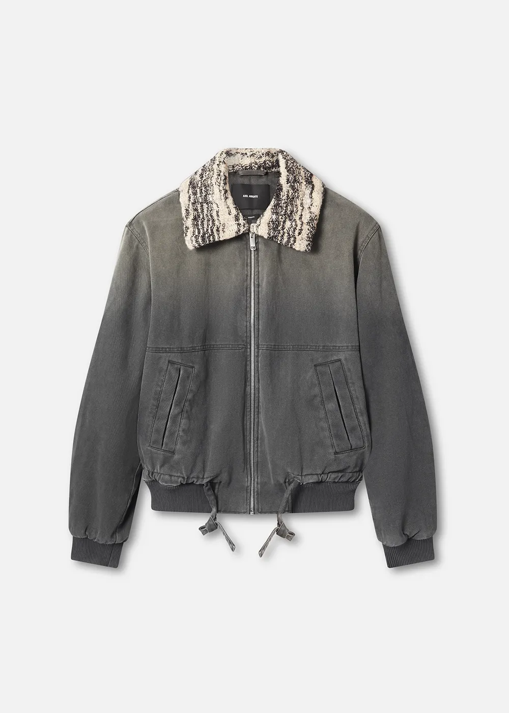 Gray Axel Arigato zip-up jacket with striped faux fur collar, front pockets, and drawstrings at the hem.