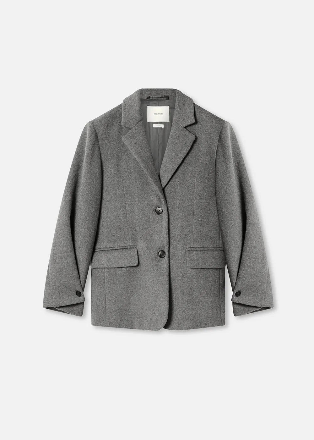 Gray wool Axel Arigato blazer with two buttons and flap pockets on a white background.