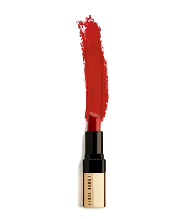 Bobbi Brown red lipstick with a red swatch above it on a white background.