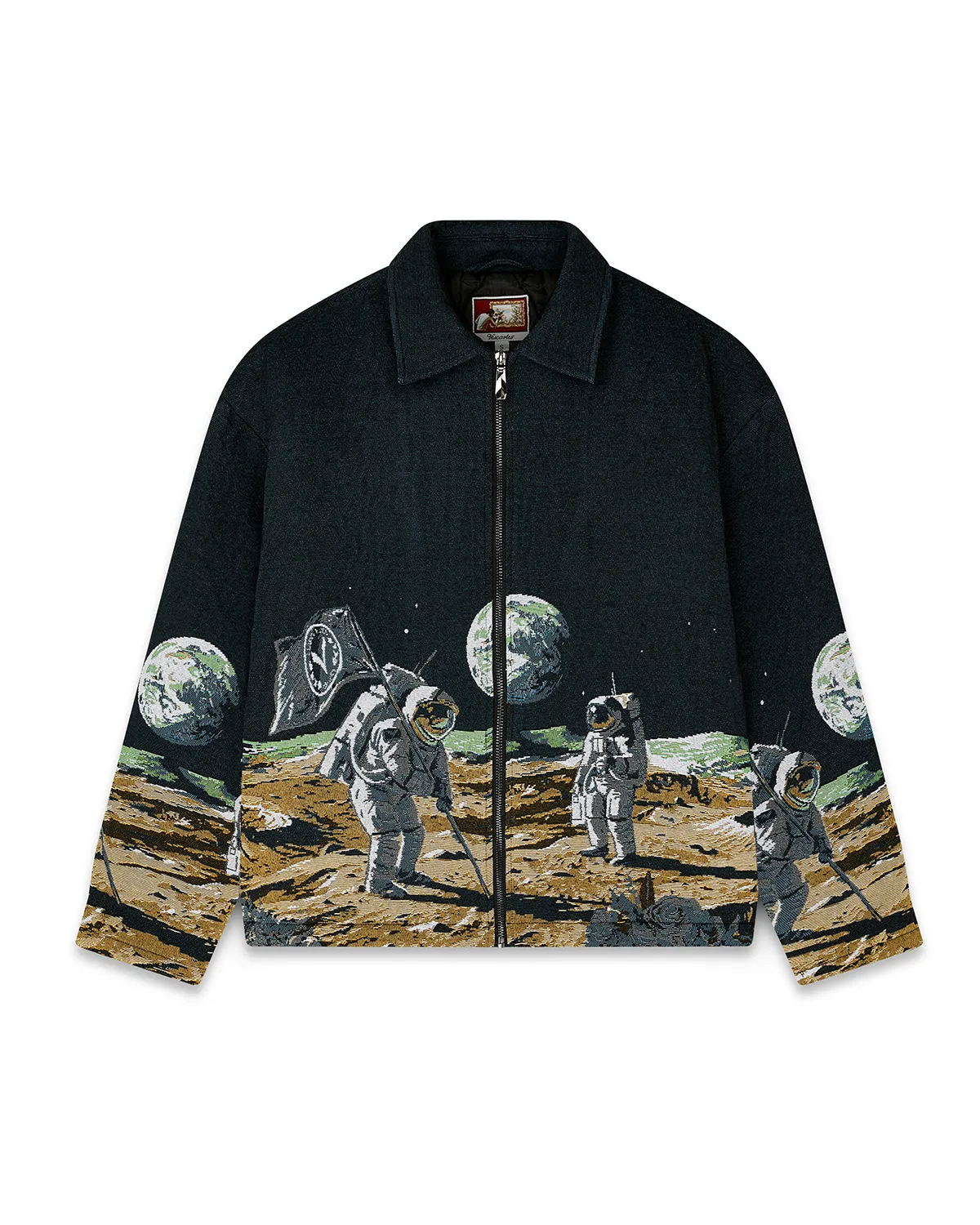Black zip-up jacket with embroidered design of astronauts on the moon with Earth in the background.