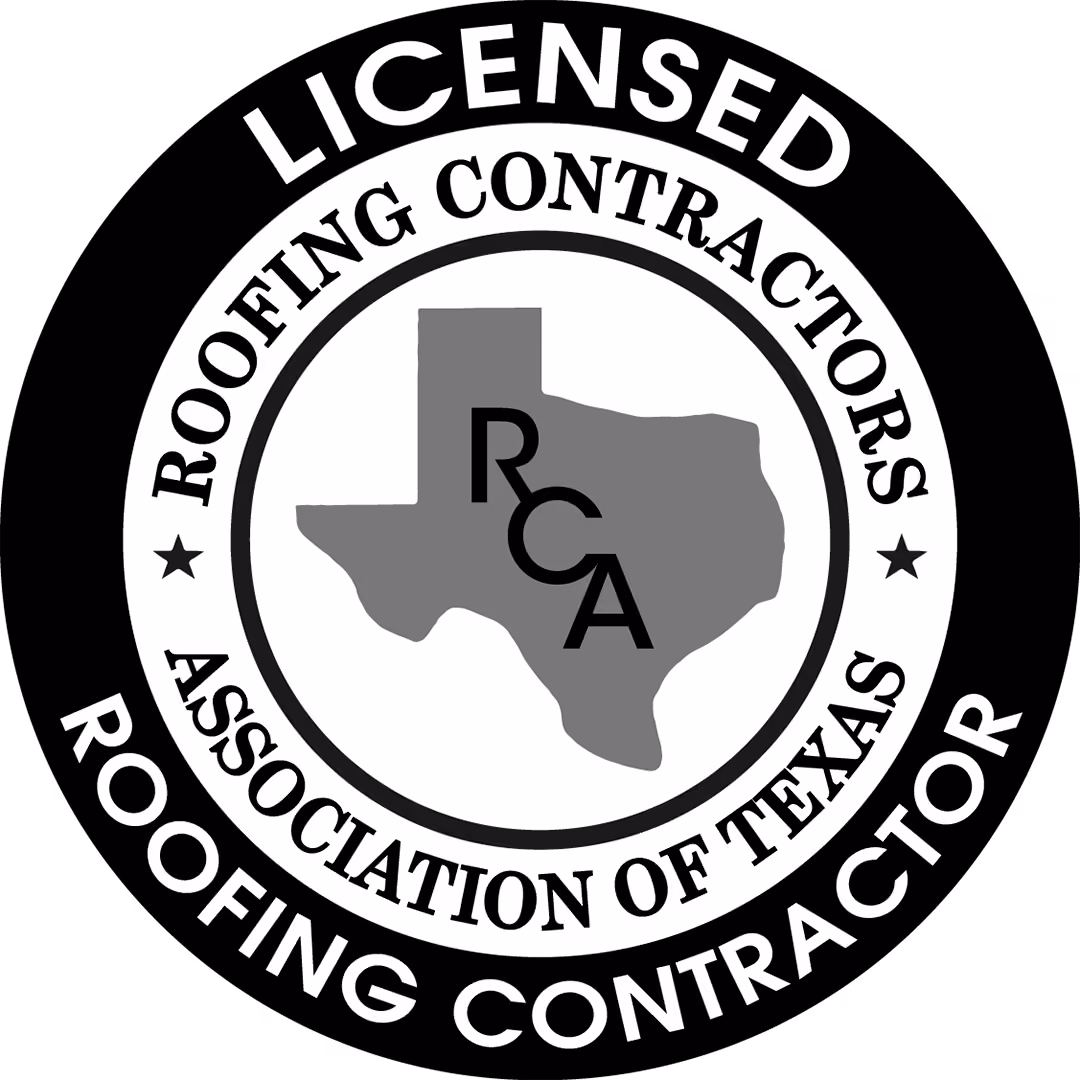 Seal with Texas shape and letters RCA, surrounded by Licensed Roofing Contractors Association of Texas text.
