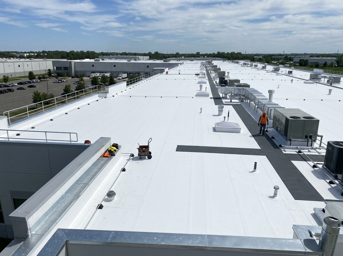 Wide flat white commercial rooftop with HVAC units, worker in orange vest, and partly cloudy sky.