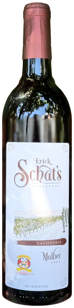 Bottle of Erick Schat's Vineyards Malbec wine from California, vintage 2023, with a copper foil top and a white label featuring vineyard illustration and alcohol content 14.6%.
