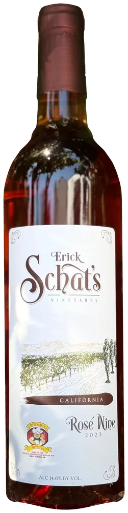 Bottle of Erick Schat's Vineyards Rosé Wine 2023 from California with an illustrated vineyard scene and a seal logo on the label.