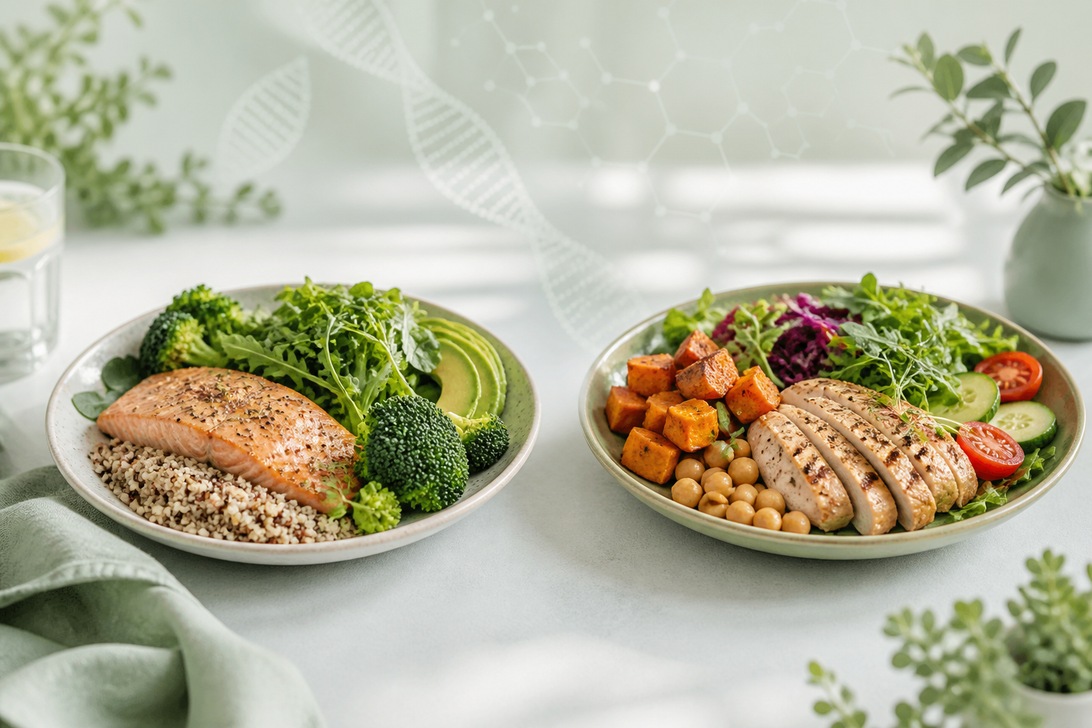 Two different healthy meal plates illustrating individualized nutrition needs