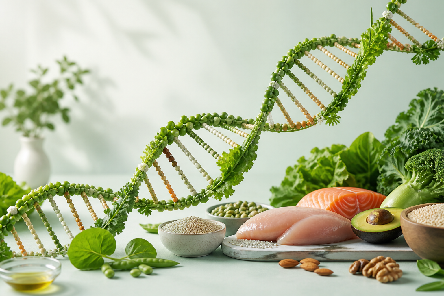 Fresh foods beside an abstract DNA helix motif representing personalized nutrition