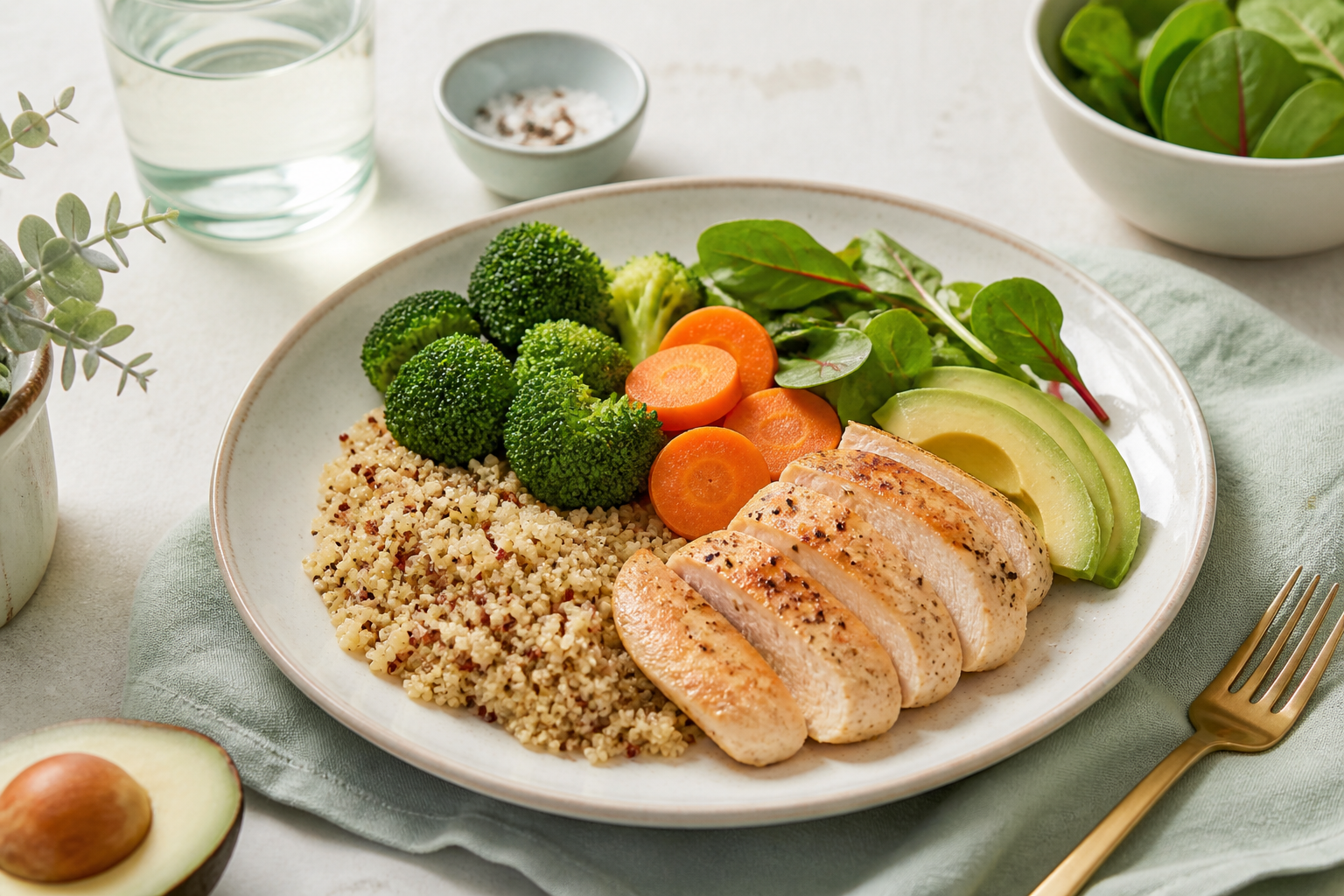 Balanced plate of whole foods representing personalized macronutrient portions