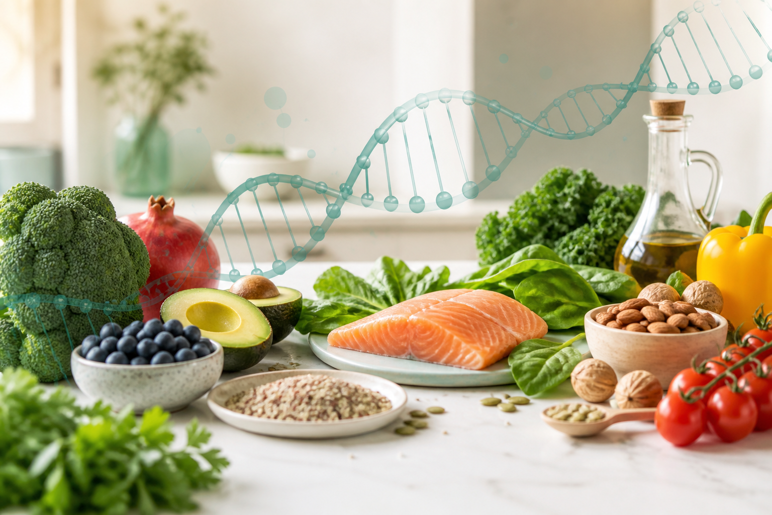Abstract DNA helix with fresh foods representing GenoVive DNA-personalized nutrition