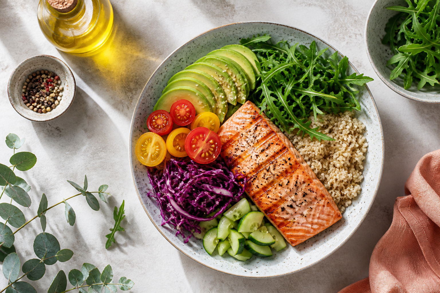 Colorful whole-food plate highlighting protein carbohydrates and healthy fats as macronutrients