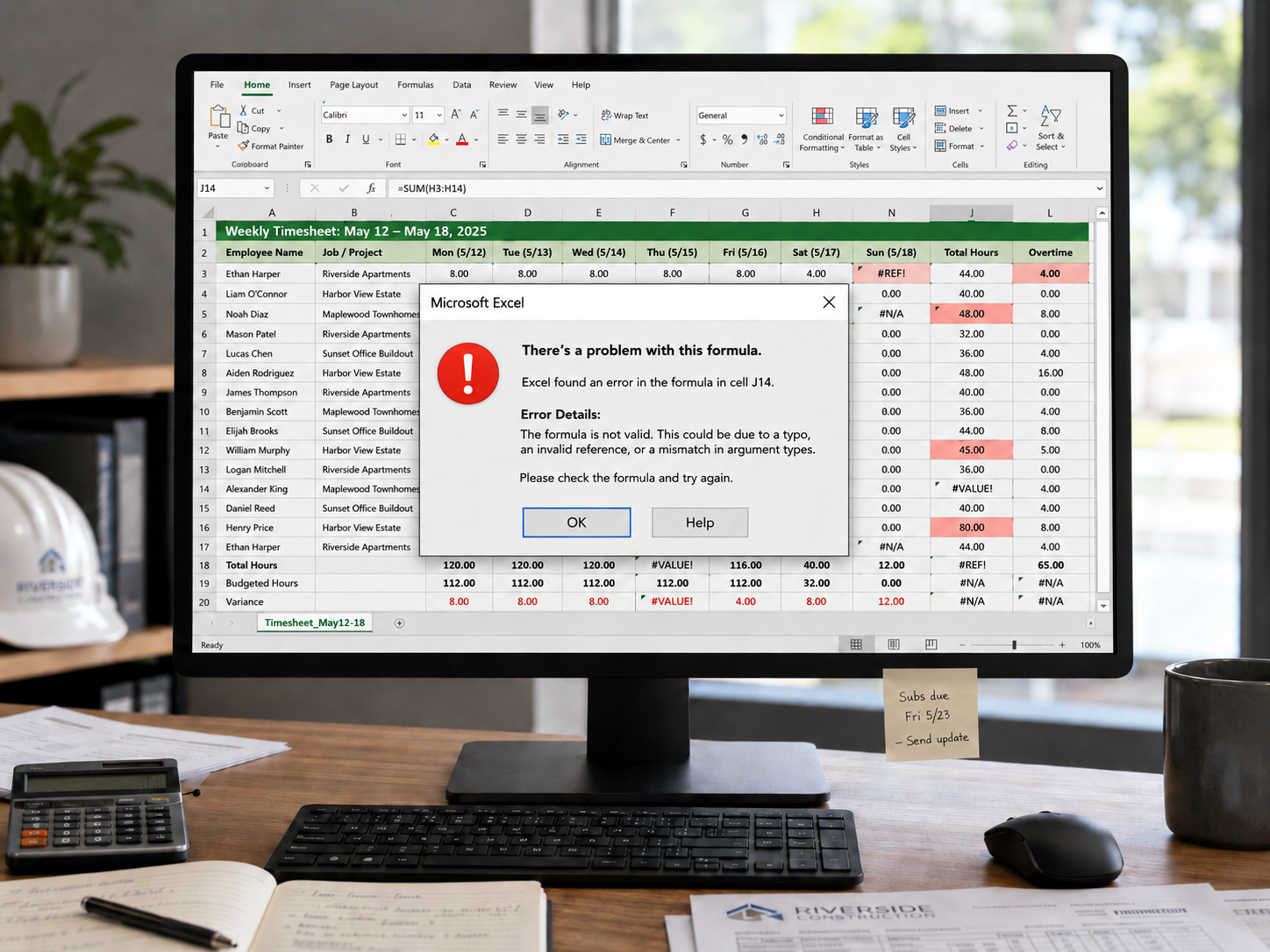 A construction costing spreadsheet with an error buried in the numbers