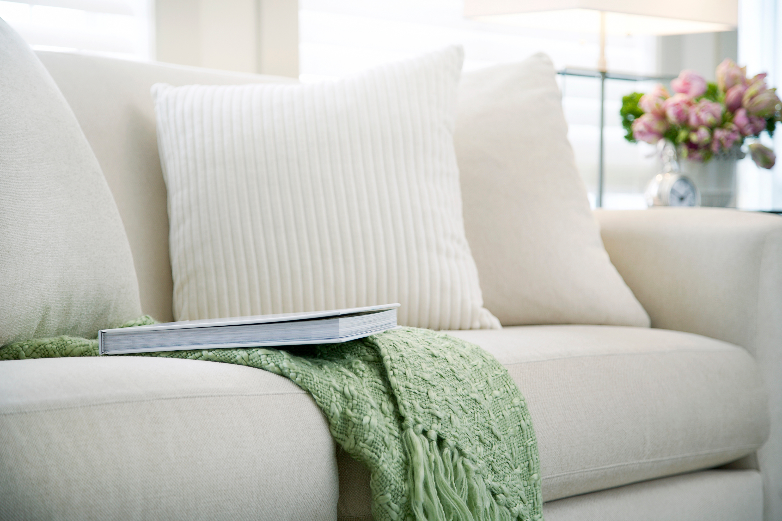 Couch with blankets stock image