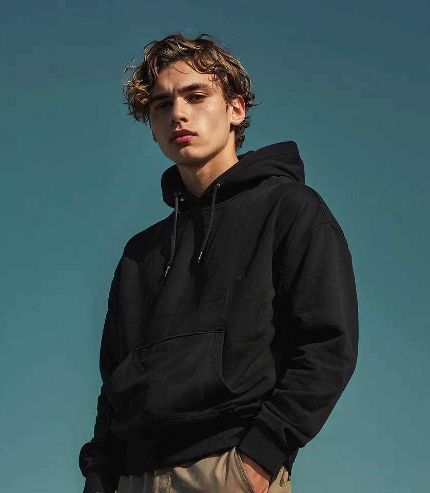 Portrait of a young man in a black hoodie against a teal background