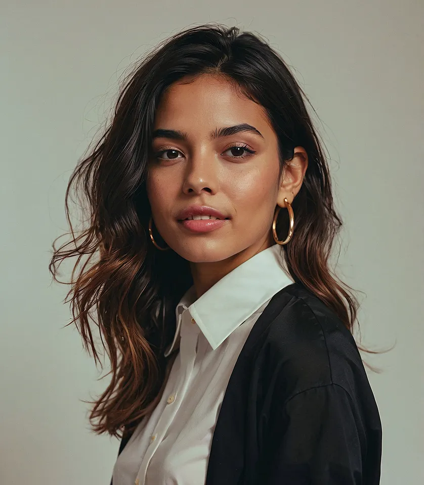Portrait of a woman with dark hair in a white blazer