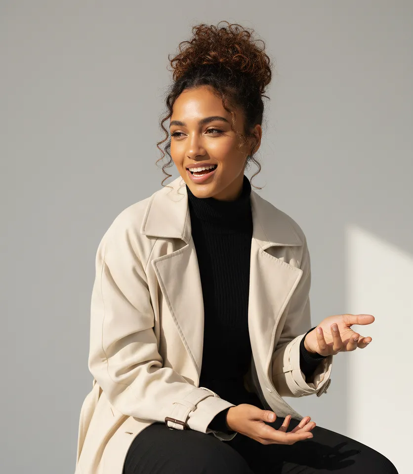 Portrait of a woman in a cream sweater seated against a light background