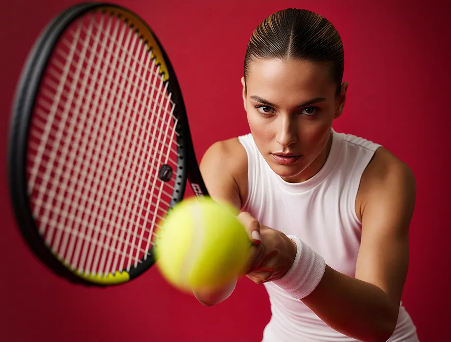 Woman in tennis attire holding a racket and ball