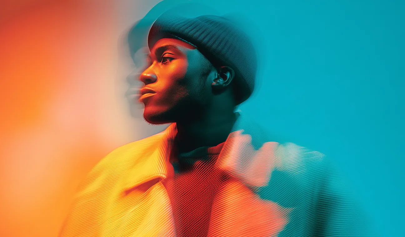 Portrait of a person in a teal hood against an orange background