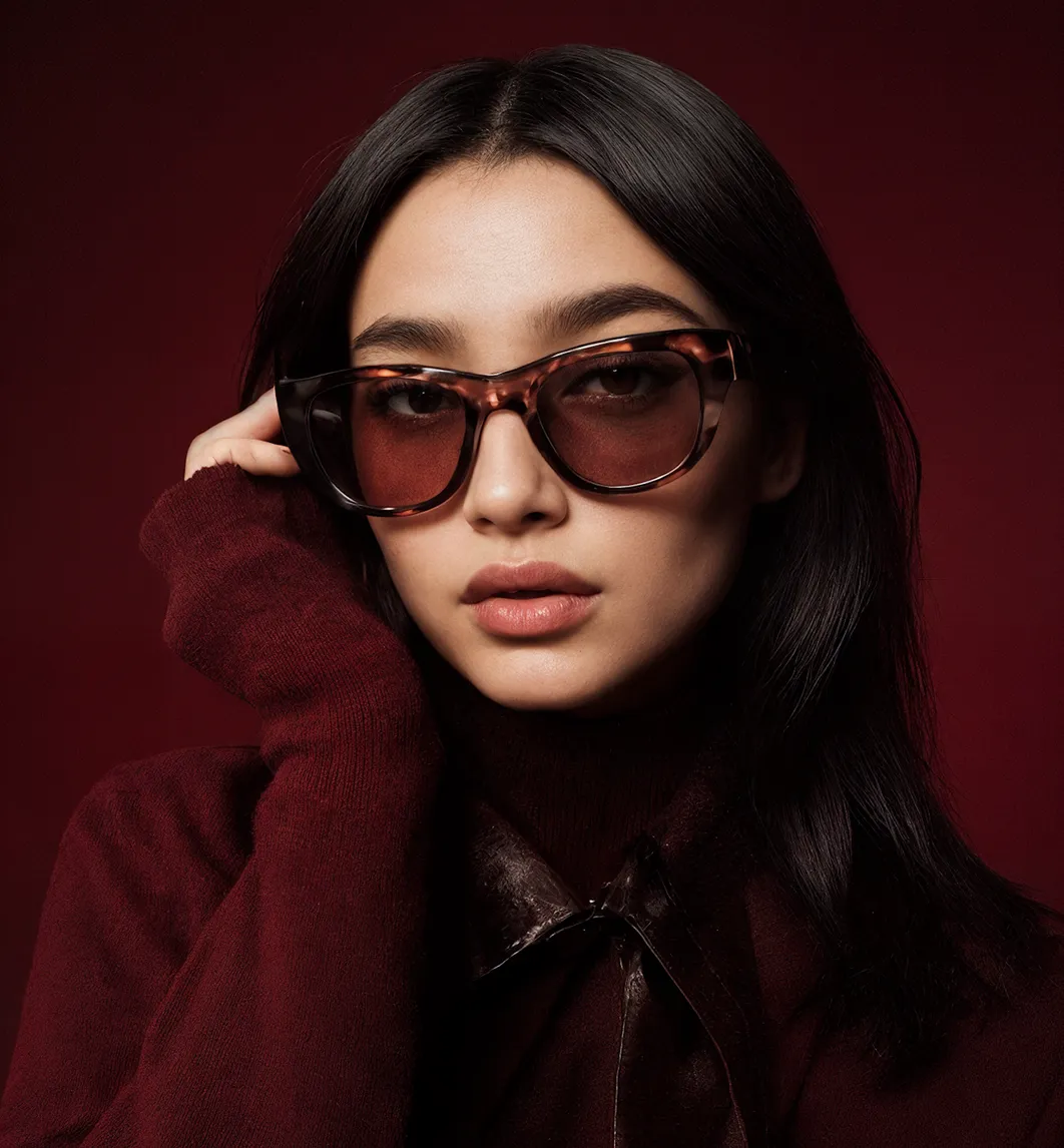 Portrait of a woman in sunglasses and a red top
