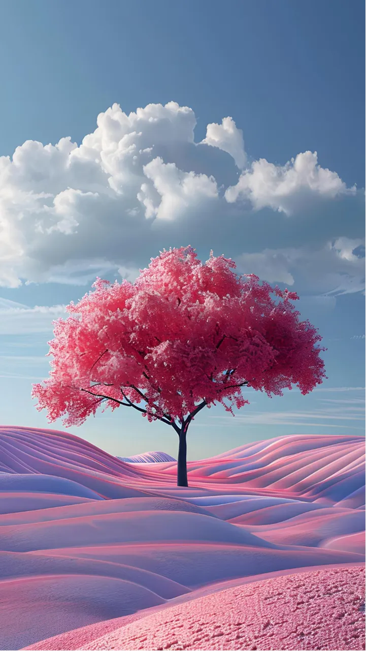 Pink blossoming tree against a soft pink sky