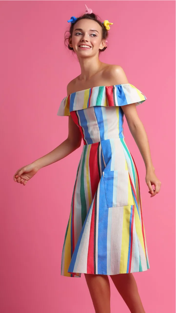 Woman in colorful striped dress posing against a pink background