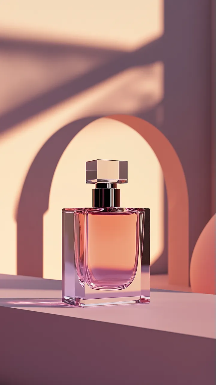 Perfume bottle displayed under a pink arch