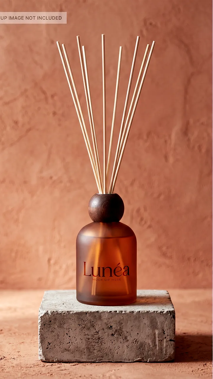 Reed diffuser bottle with sticks on a warm terracotta background