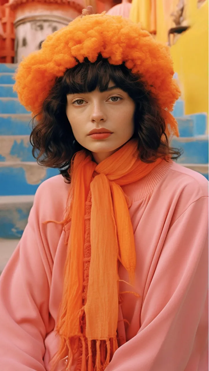 Woman in an orange hat and scarf against a yellow-orange backdrop