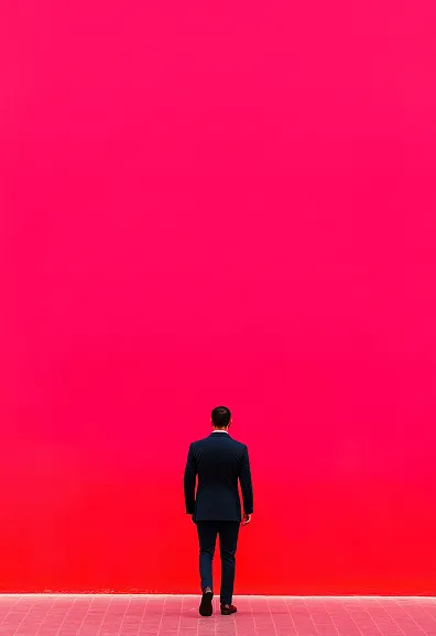 Silhouette of a person standing against a bright pink background