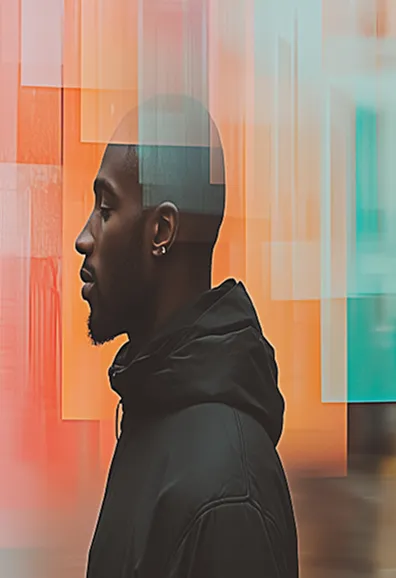 Profile portrait of a person against a teal and orange gradient background