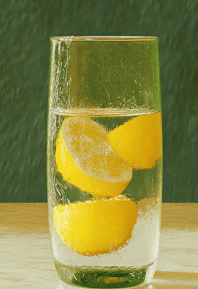 Glass of lemon water with ice on a light background