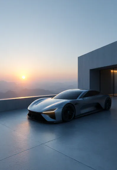 Sports car parked in front of a modern building at sunset