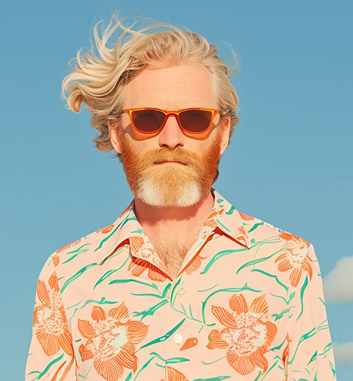 Portrait of a blonde man wearing a floral shirt against a cloudy sky