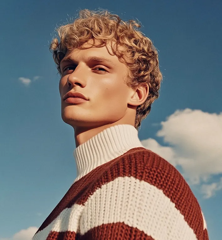 Portrait of a blonde man wearing a red and white sweater against a cloudy sky