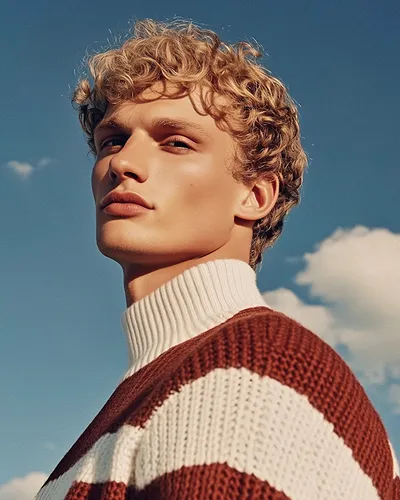 Portrait of a blonde man with sunglasses wearing a red and white sweater