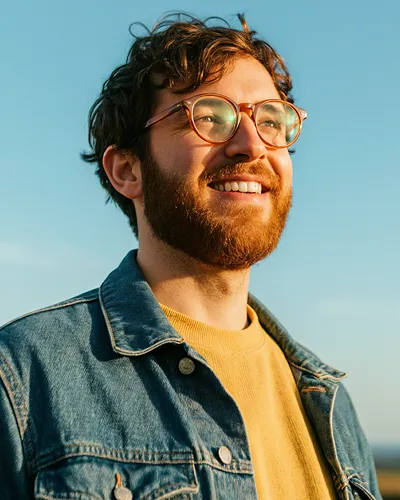 Portrait of a smiling bearded man in a denim jacket