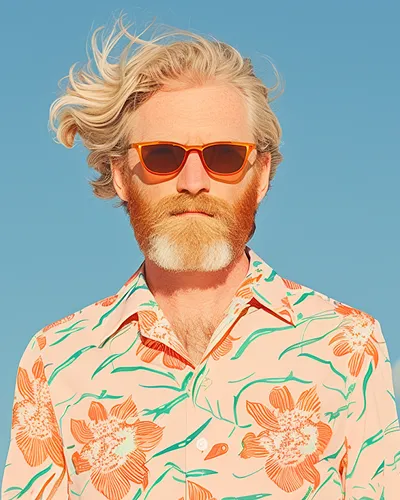 Portrait of a blonde man with sunglasses wearing a floral shirt