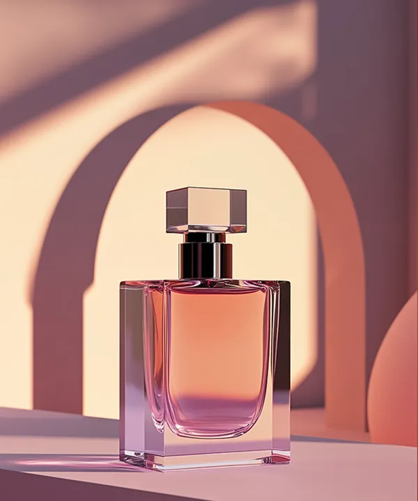 Perfume bottle displayed under a pink arch