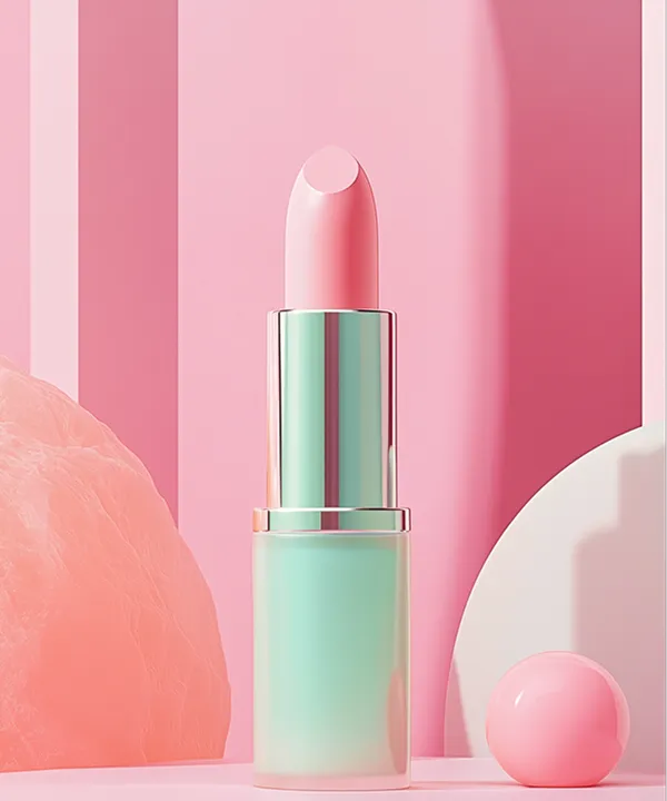 Pink lipstick with soft pink and cream background