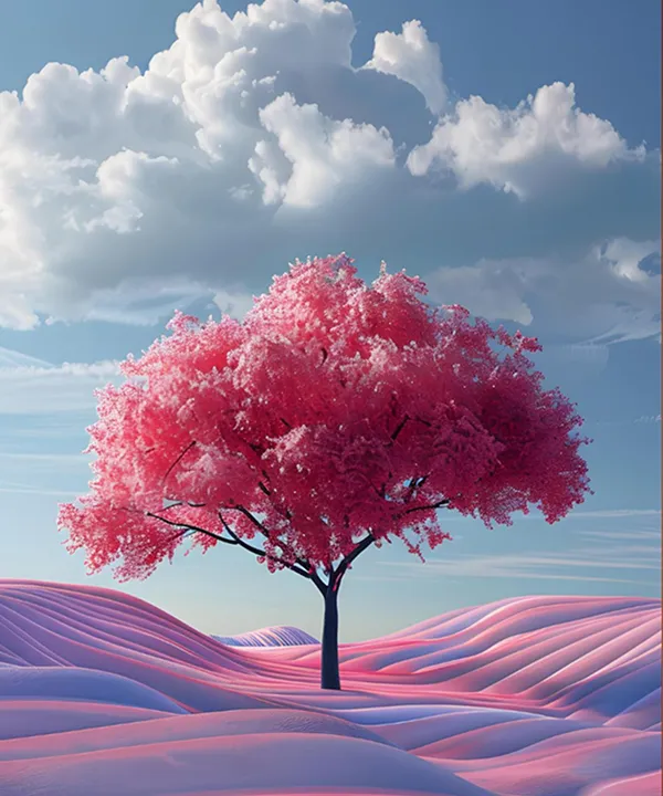 Pink blossoming tree against a soft pink sky