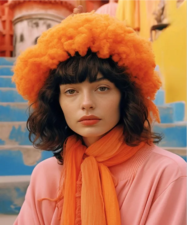 Woman in an orange hat and scarf against a yellow-orange backdrop