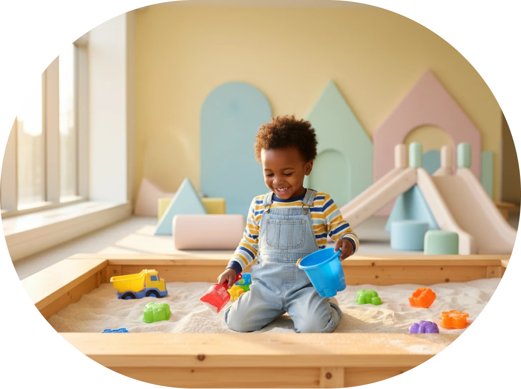 Smiling child playing with bucket and shovel in indoor sandbox with colorful toys and soft play shapes.