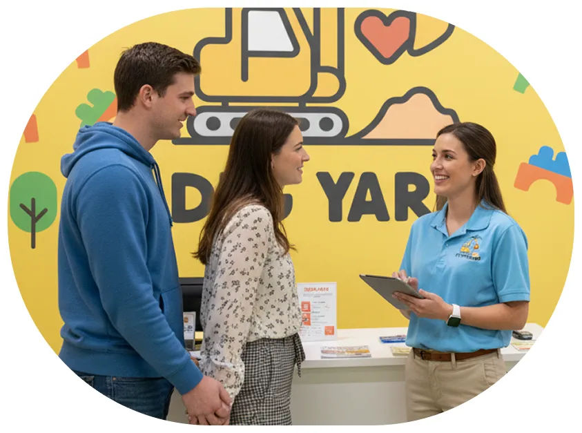 Couple talking with a smiling staff member in a blue polo at a service counter with a yellow wall