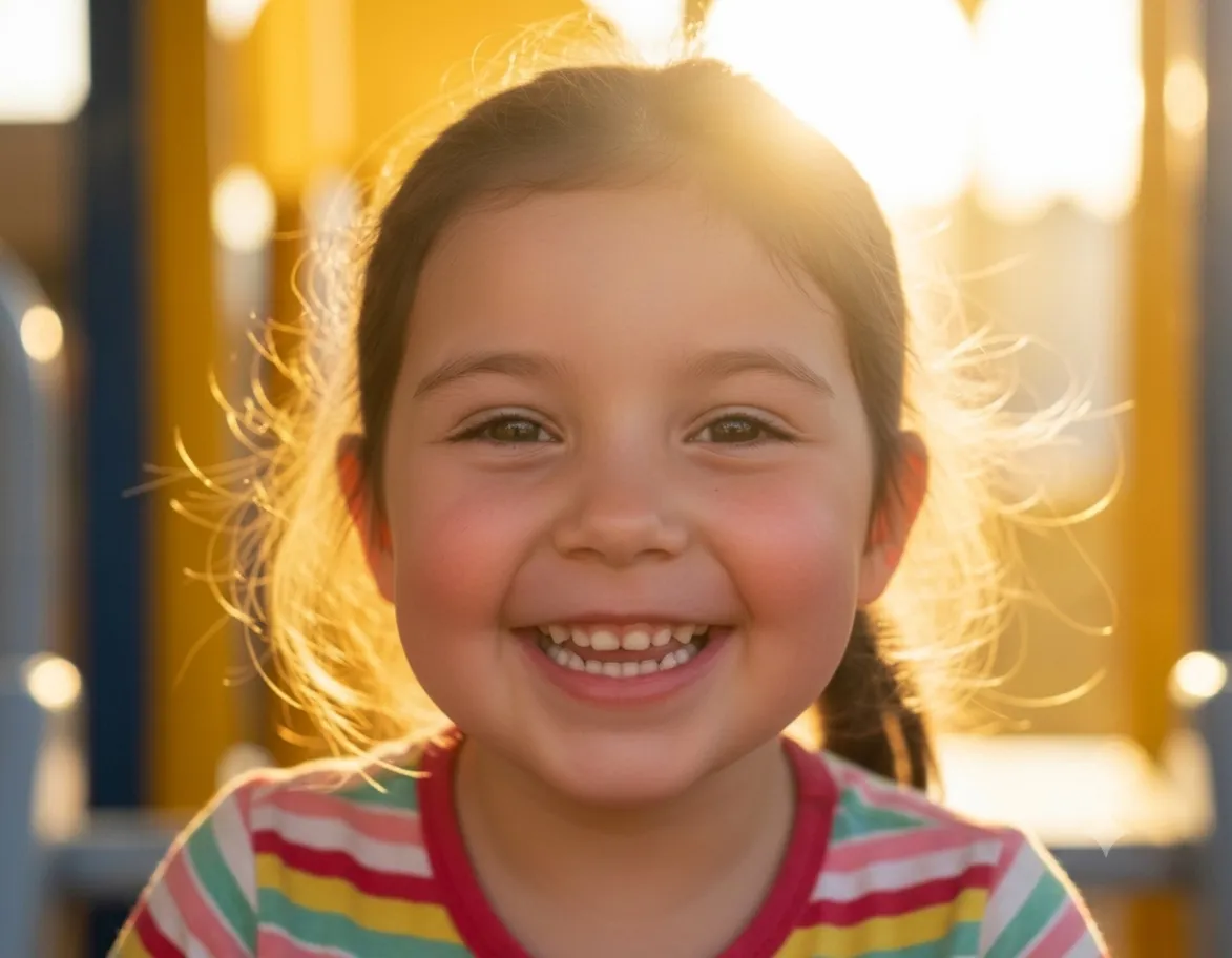 Smiling young girl with striped shirt and backlight highlights in her hair on a sunny day.