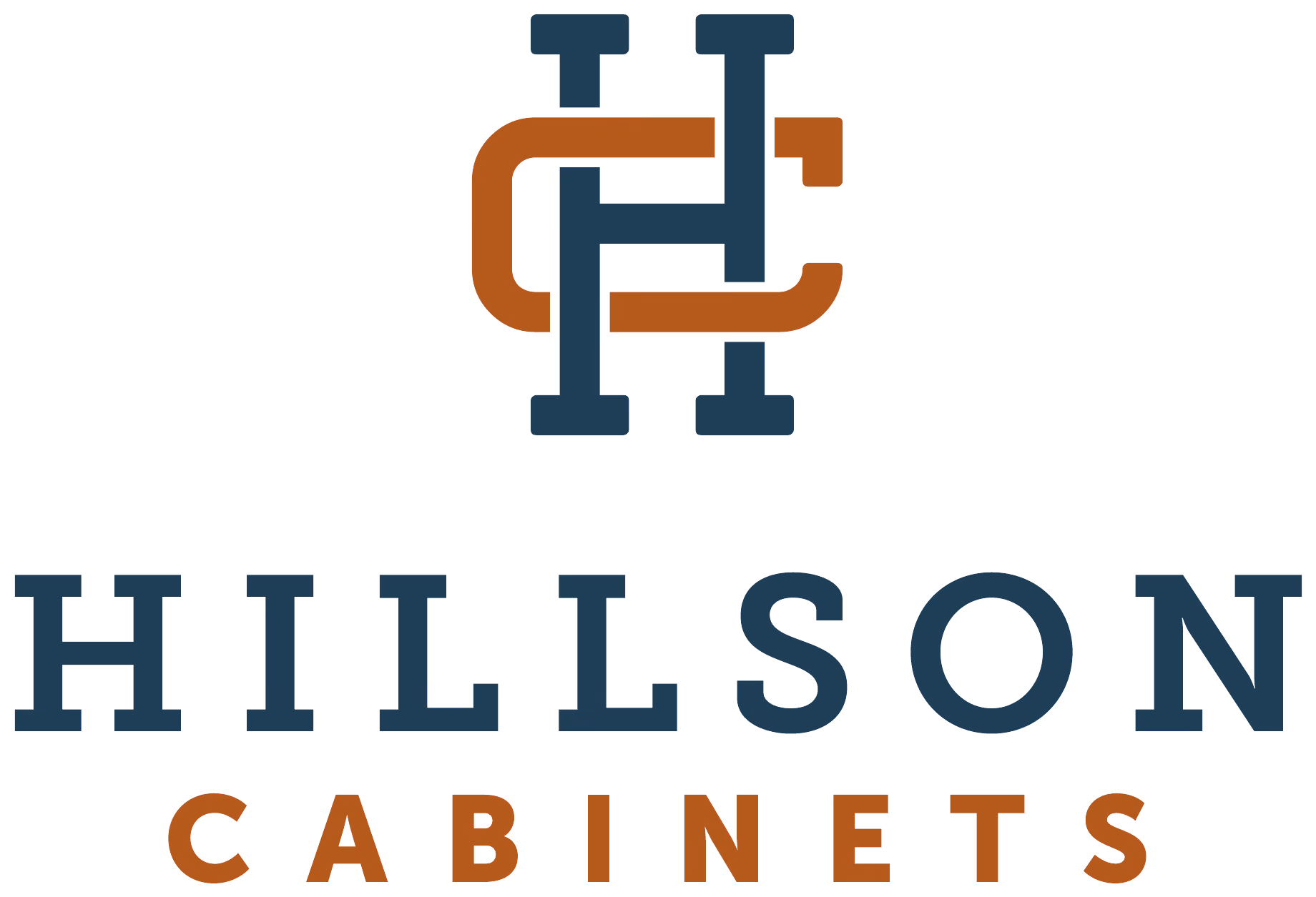 Logo with stylized letters H and C above the text Hilson Cabinets in blue and brown colors.