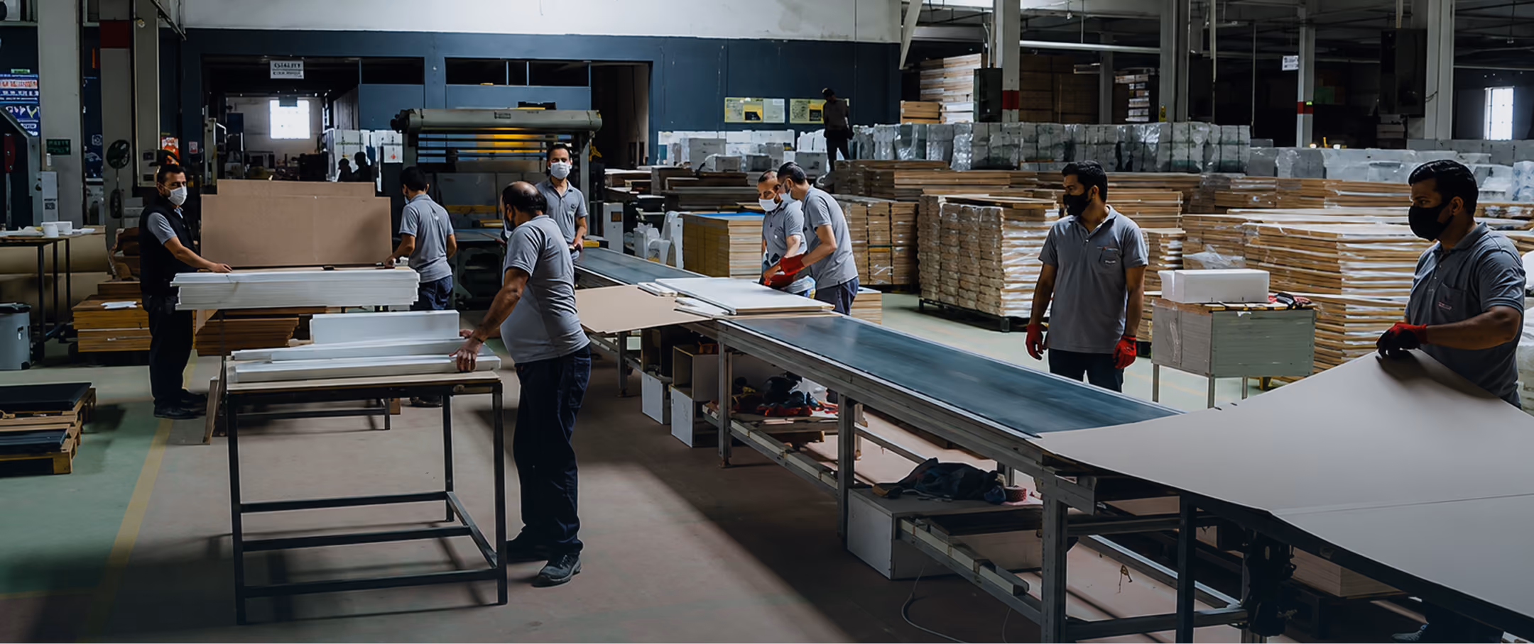 Workers wearing masks and gloves handle large sheets of material on a conveyor in a factory.