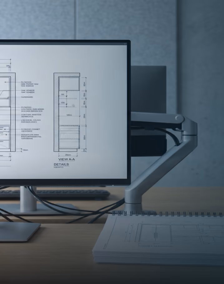 Computer monitor displaying technical cabinet design blueprints on a desk with paper drawings.