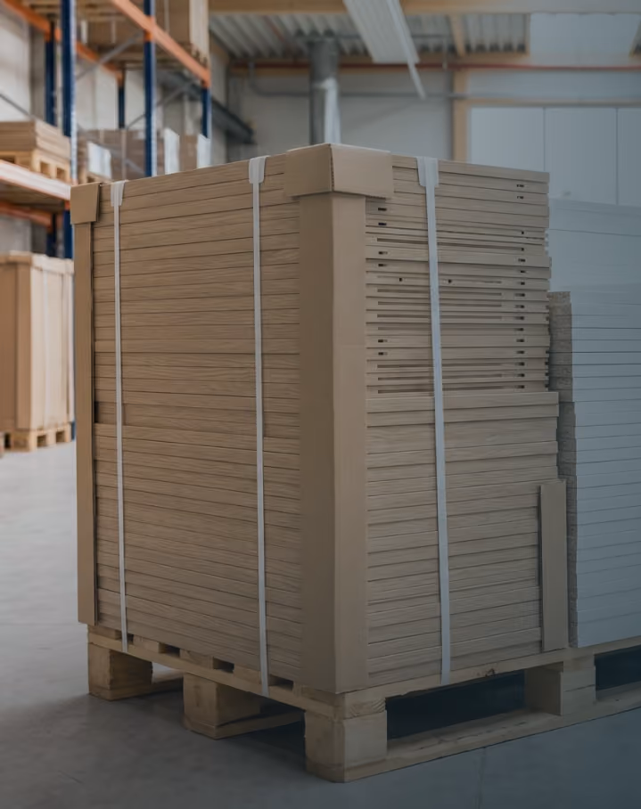 Stack of wooden panels strapped and secured on a pallet inside a warehouse.